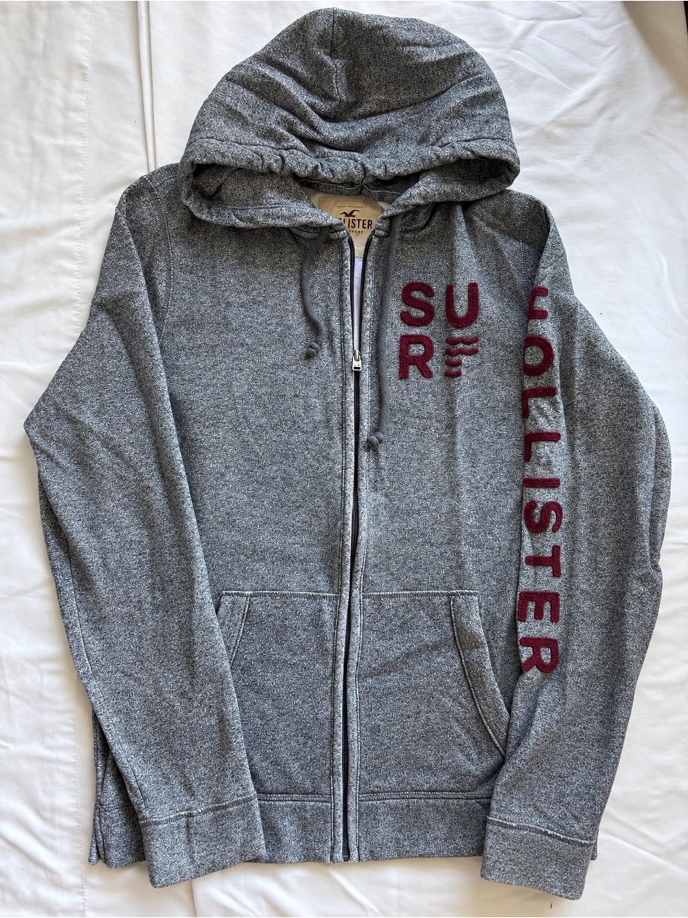VTG Hollister Mens Full Zip Hoodie Gray Marled Burgundy Applique Logo, XL